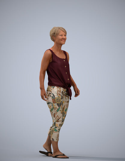 3D human model senior woman walking, photogrammetry scanned person for archviz