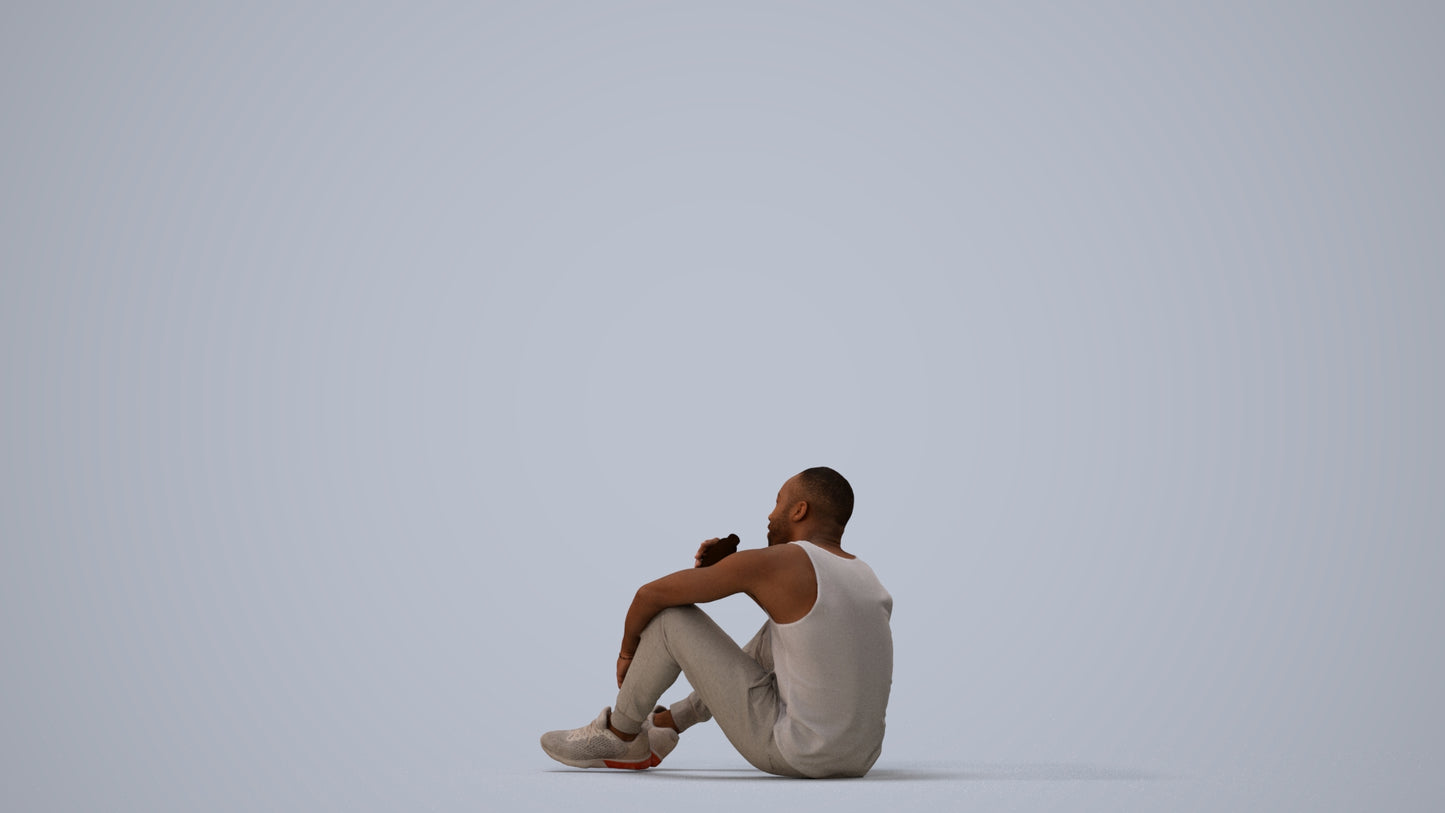 realistic 3D people man casual sitting, render-ready for V-Ray and Corona, FBX OBJ, three-quarter view render