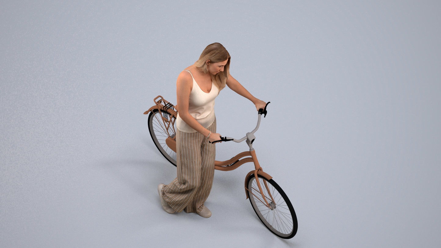realistic 3D people woman casual cycling, render-ready for V-Ray and Corona, FBX OBJ, back view render