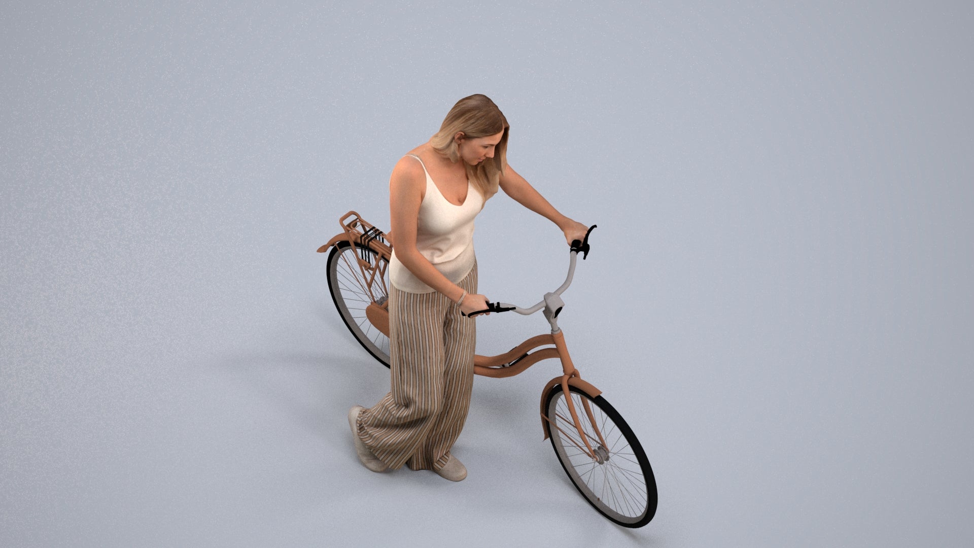 realistic 3D people woman casual cycling, render-ready for V-Ray and Corona, FBX OBJ, back view render