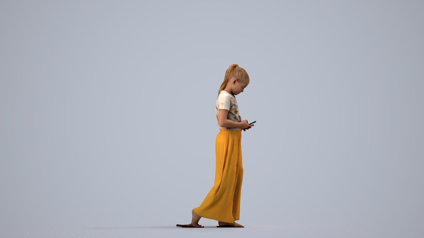 3D human model woman casual kids, photogrammetry scanned person for archviz, side view render