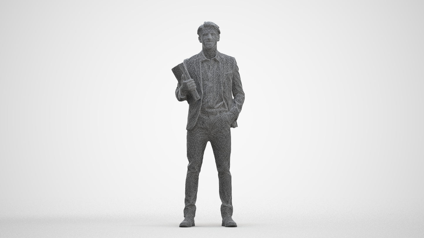 3D human model man business, photogrammetry scanned person for archviz, three-quarter front view render