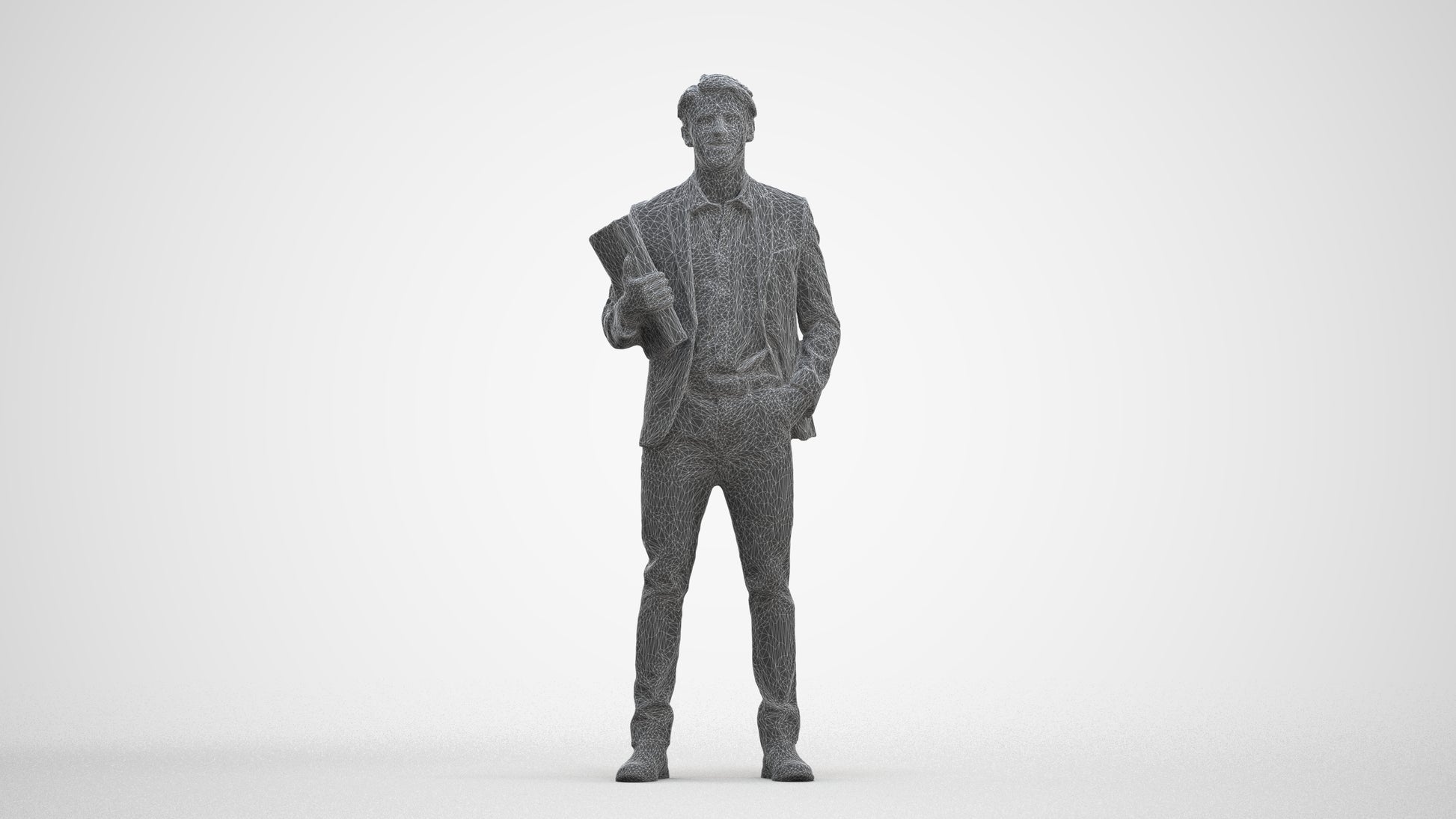 3D human model man business, photogrammetry scanned person for archviz, three-quarter front view render