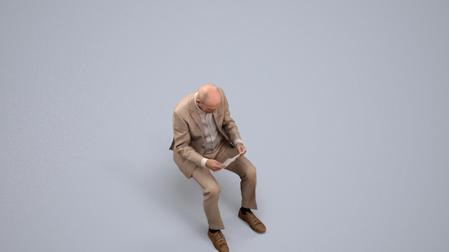 scanned 3D senior man business sitting, photogrammetry people for Enscape and V-Ray, back view render