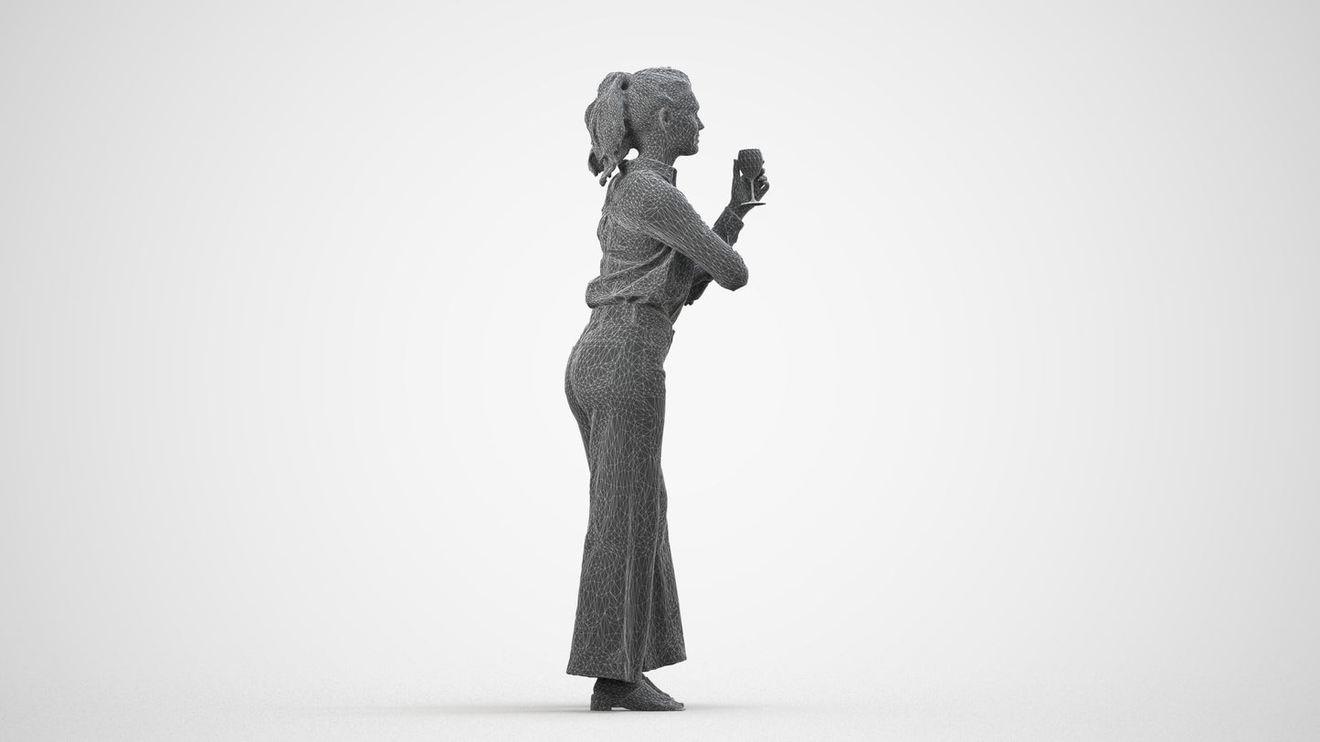 scanned 3D woman casual standing, photogrammetry people for Enscape and V-Ray, wireframe side view