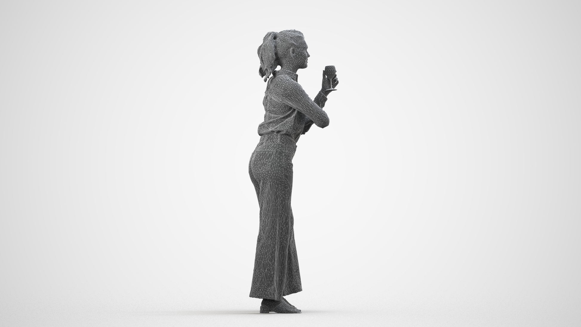 scanned 3D woman casual standing, photogrammetry people for Enscape and V-Ray, wireframe side view