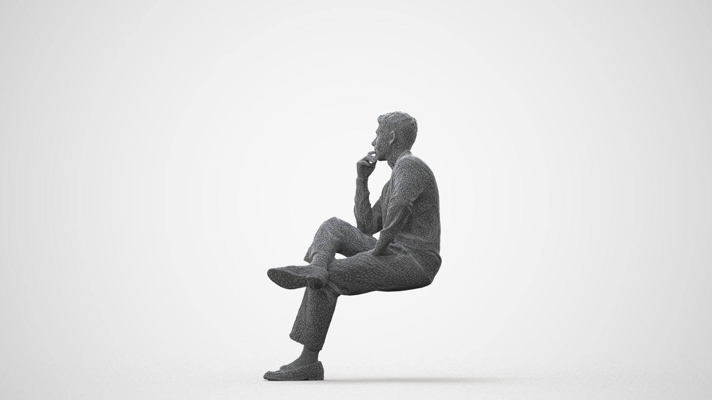 3D human model man casual sitting, photogrammetry scanned person for archviz, square thumbnail