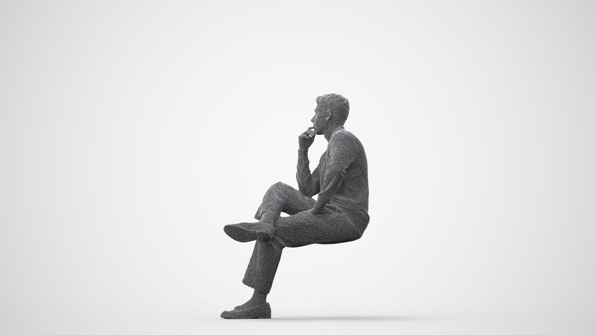 3D human model man casual sitting, photogrammetry scanned person for archviz, square thumbnail