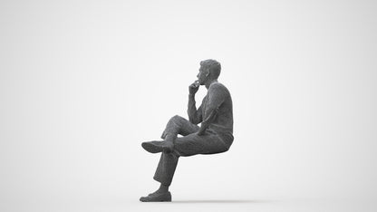 3D human model man casual sitting, photogrammetry scanned person for archviz, square thumbnail