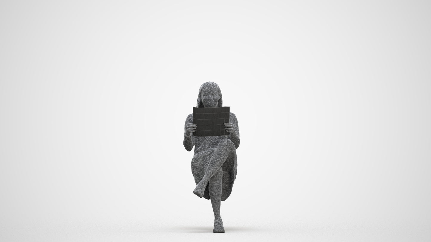 realistic 3D human woman casual sitting, archviz people FBX OBJ for Blender, three-quarter front view render