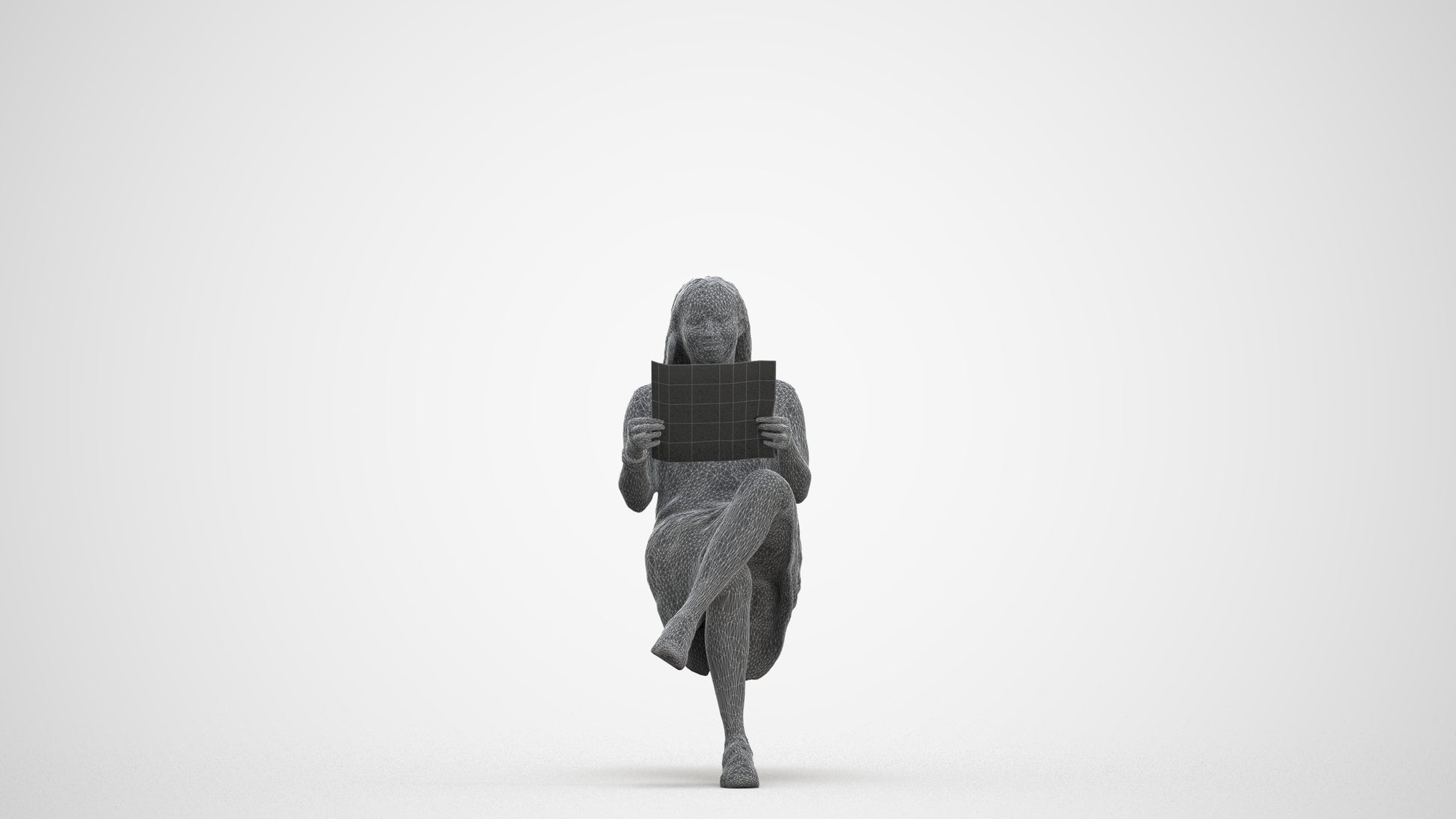 realistic 3D human woman casual sitting, archviz people FBX OBJ for Blender, three-quarter front view render