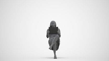 realistic 3D human woman casual sitting, archviz people FBX OBJ for Blender, three-quarter front view render