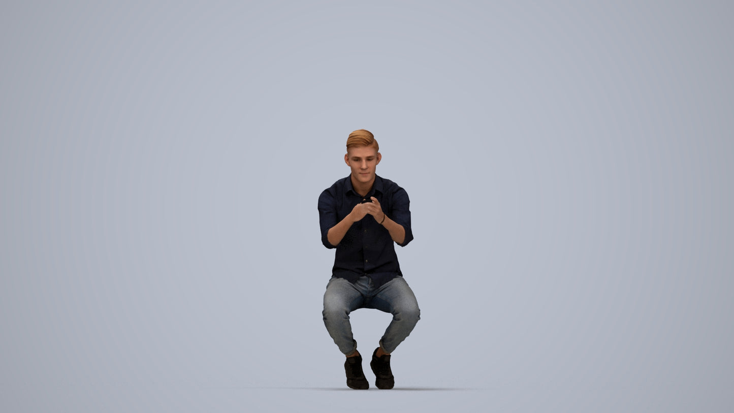 realistic 3D man casual sitting, scanned archviz people for Blender and 3ds Max, top-down view render