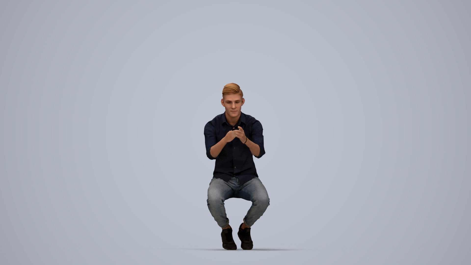 realistic 3D man casual sitting, scanned archviz people for Blender and 3ds Max, top-down view render