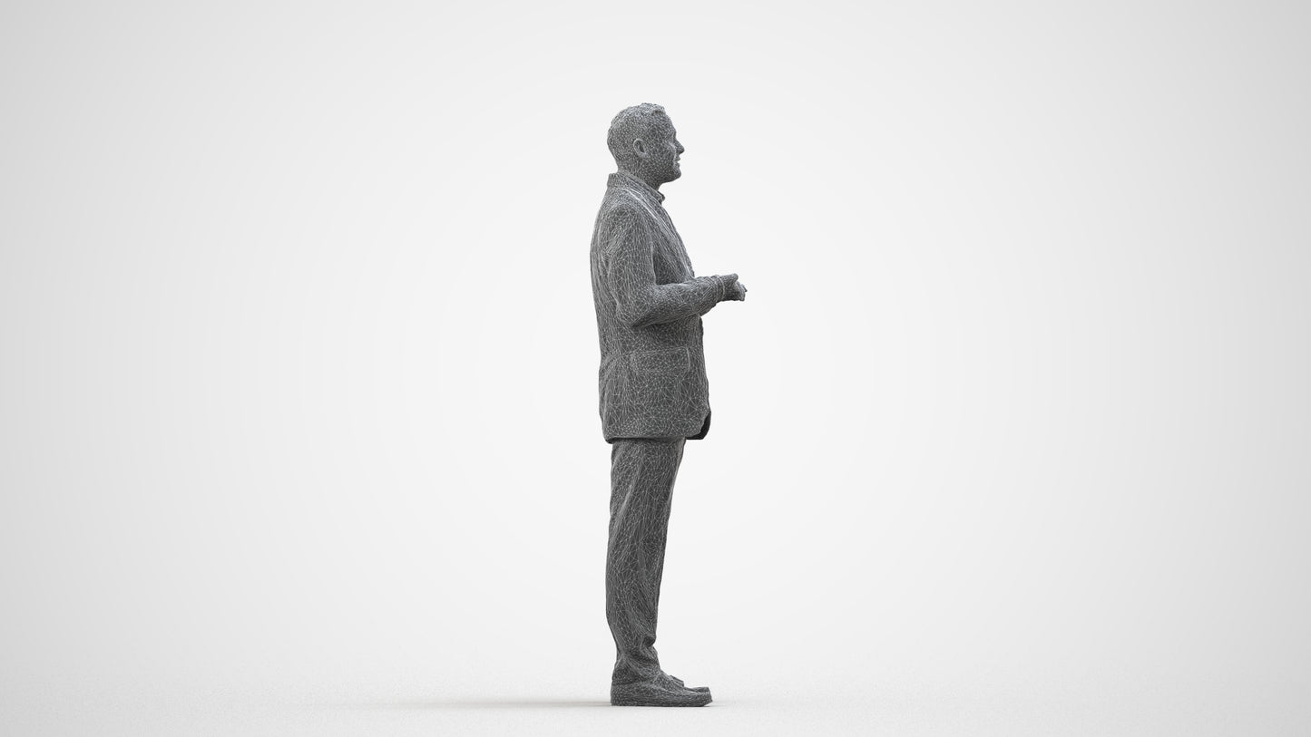 realistic 3D human man formal standing, archviz people FBX OBJ for Blender, wireframe side view