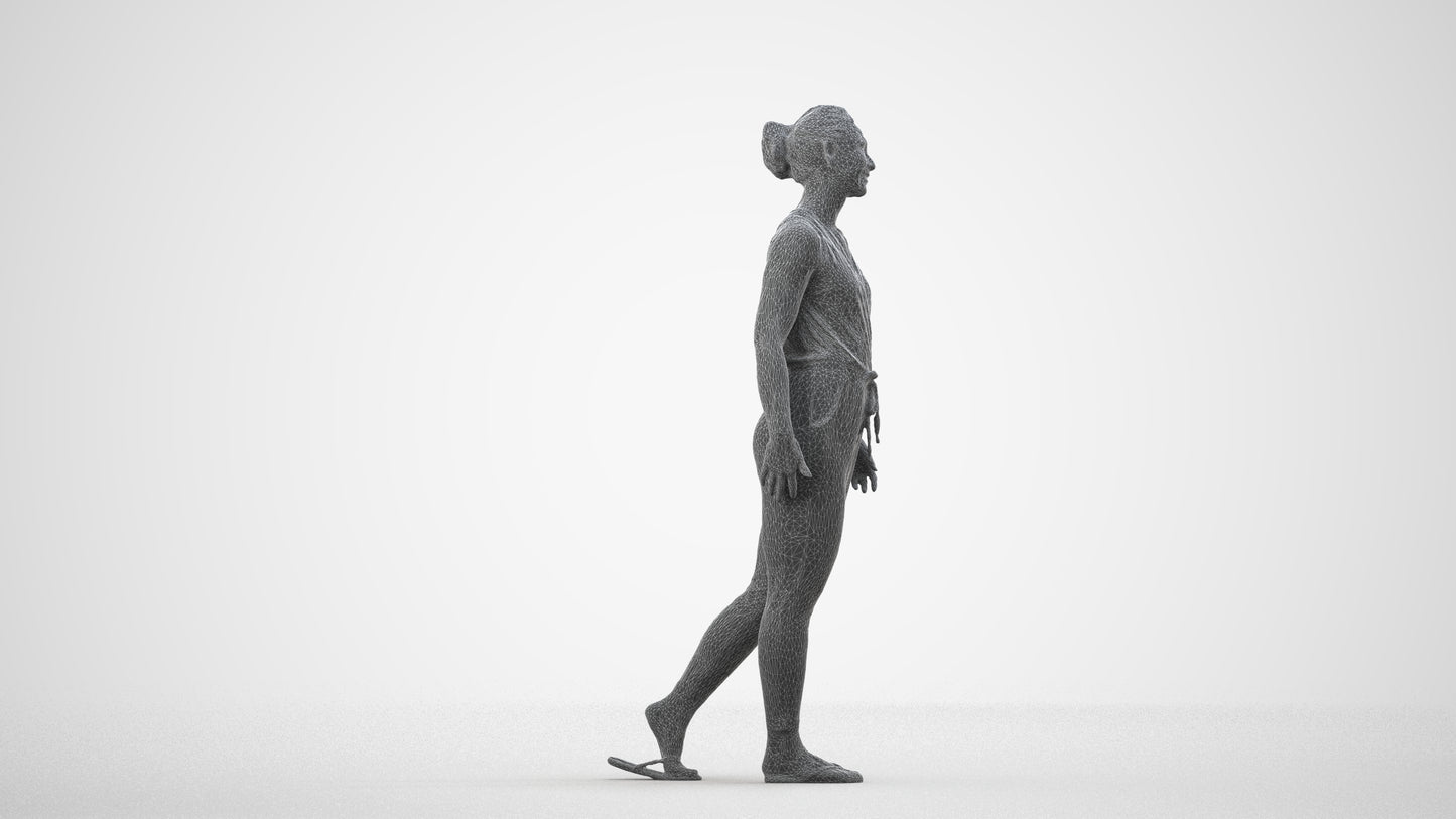 3D human model woman casual walking, photogrammetry scanned person for archviz, wireframe side view