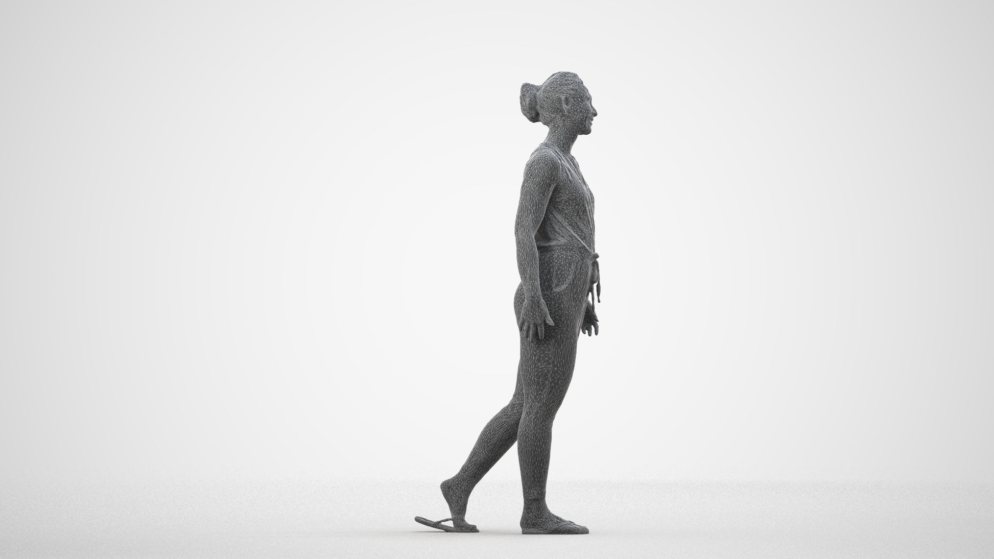 3D human model woman casual walking, photogrammetry scanned person for archviz, wireframe side view