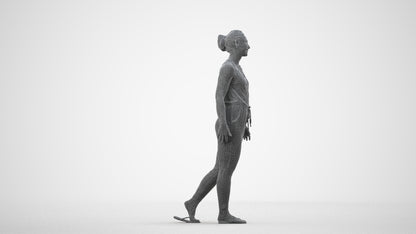 3D human model woman casual walking, photogrammetry scanned person for archviz, wireframe side view