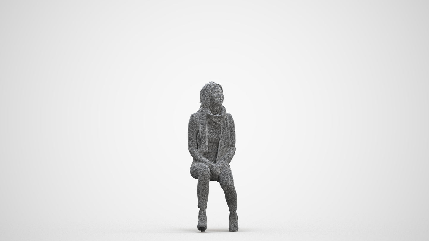 3D human model woman casual sitting, photogrammetry scanned person for archviz, three-quarter front view render