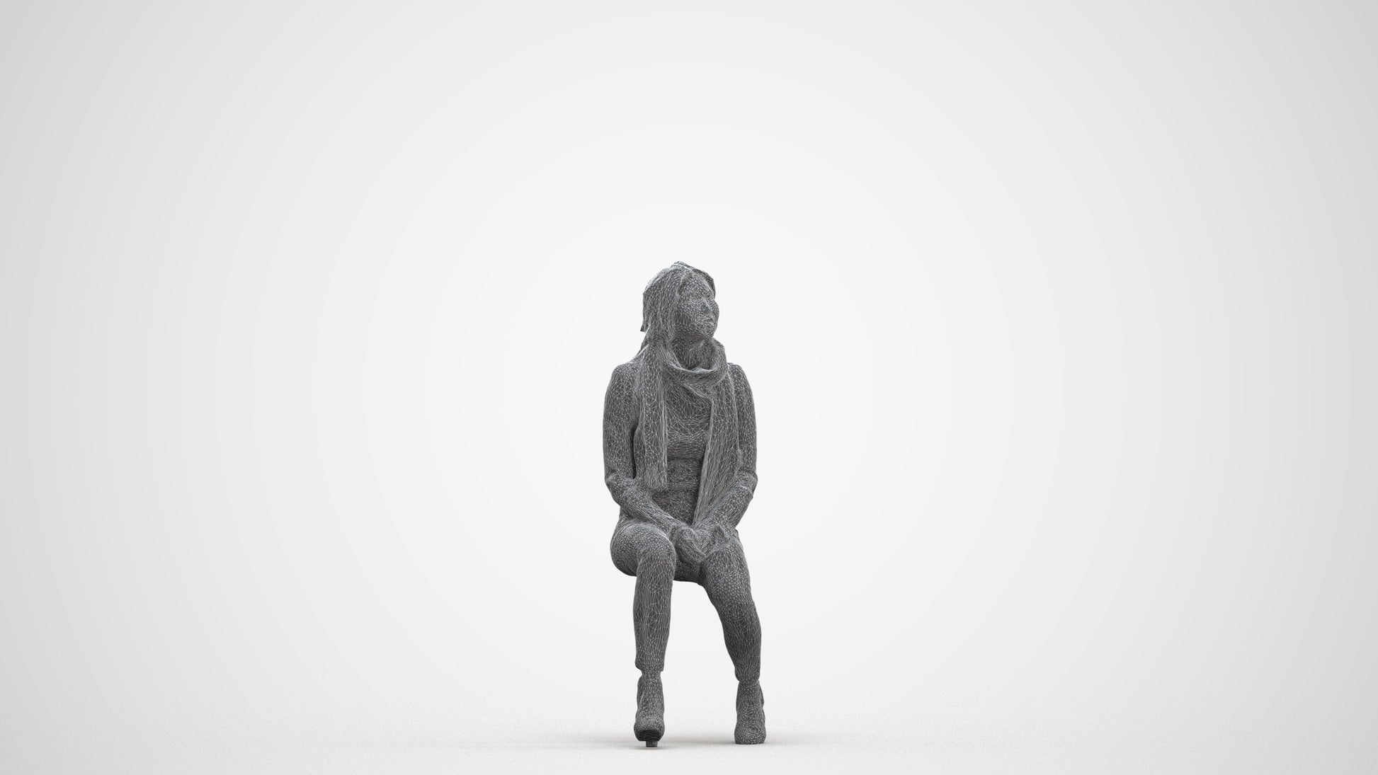 3D human model woman casual sitting, photogrammetry scanned person for archviz, three-quarter front view render