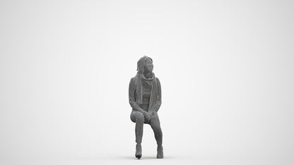 3D human model woman casual sitting, photogrammetry scanned person for archviz, three-quarter front view render