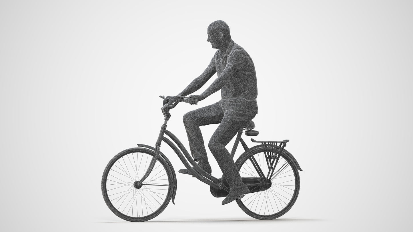 photogrammetry 3D senior man casual cycling, realistic human model archviz FBX, square thumbnail