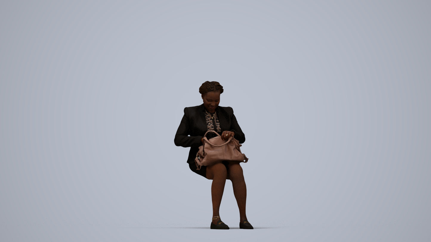 3D human model woman business sitting, photogrammetry scanned person for archviz, top-down view render