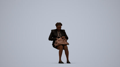 3D human model woman business sitting, photogrammetry scanned person for archviz, top-down view render