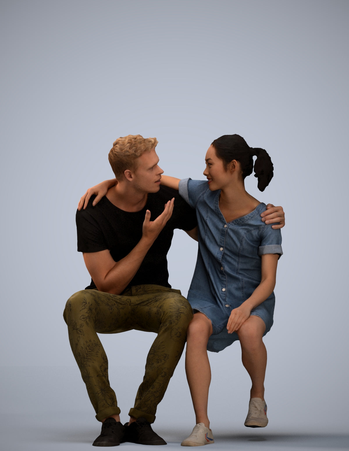 scanned 3D girl casual couple, photogrammetry people for Enscape and V-Ray