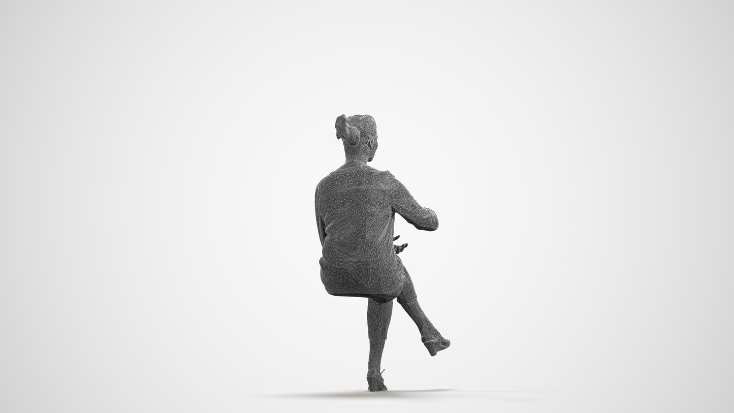 3D human model woman casual sitting, photogrammetry scanned person for archviz, wireframe front view