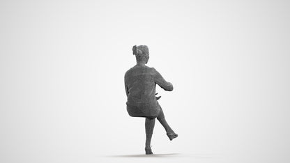 3D human model woman casual sitting, photogrammetry scanned person for archviz, wireframe front view