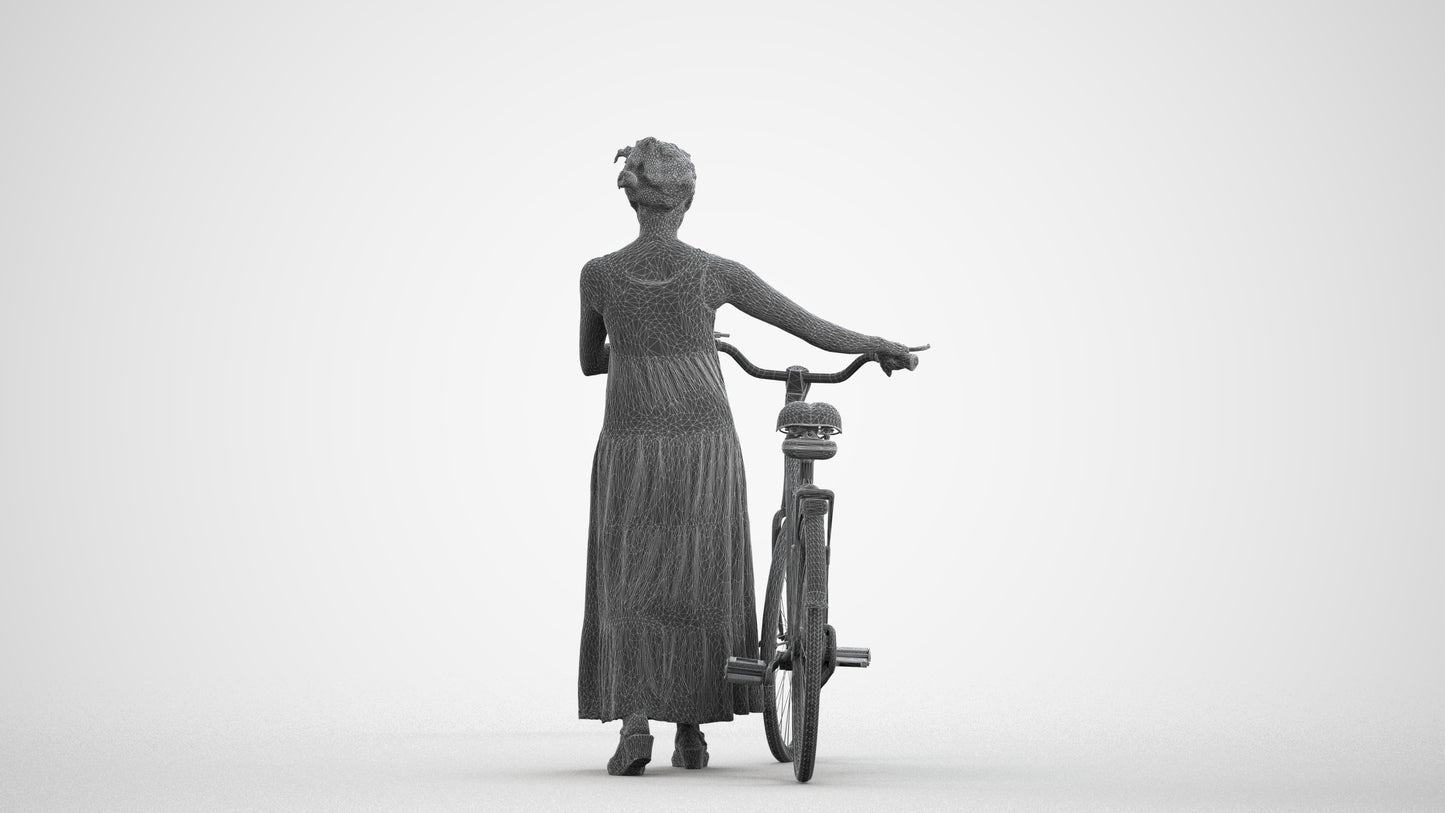 realistic 3D woman casual cycling, scanned archviz people for Blender and 3ds Max, wireframe front view