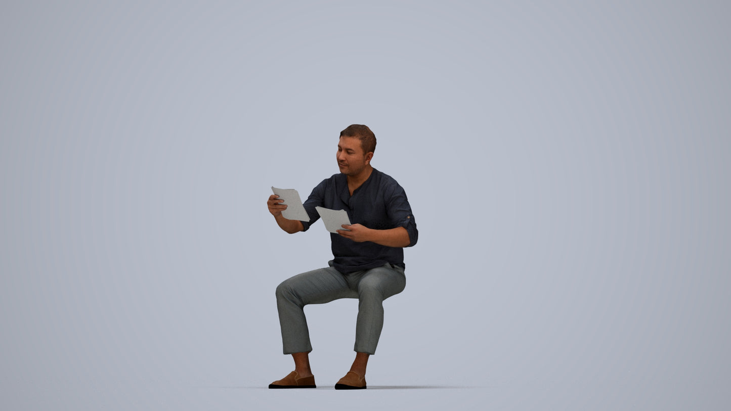 realistic 3D man casual sitting, scanned archviz people for Blender and 3ds Max, top-down view render