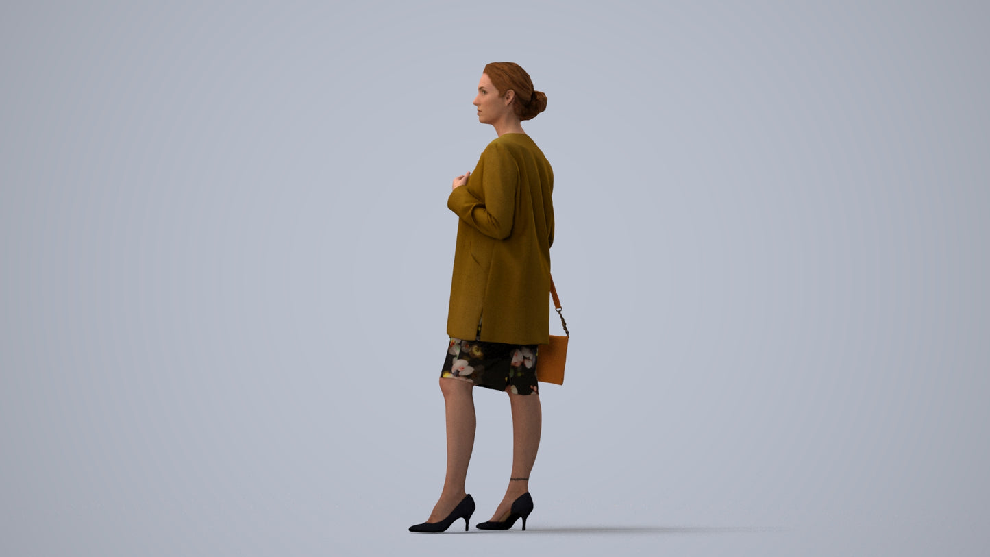 3D scanned woman standing casual, photorealistic archviz people for Enscape and SketchUp, three-quarter view render