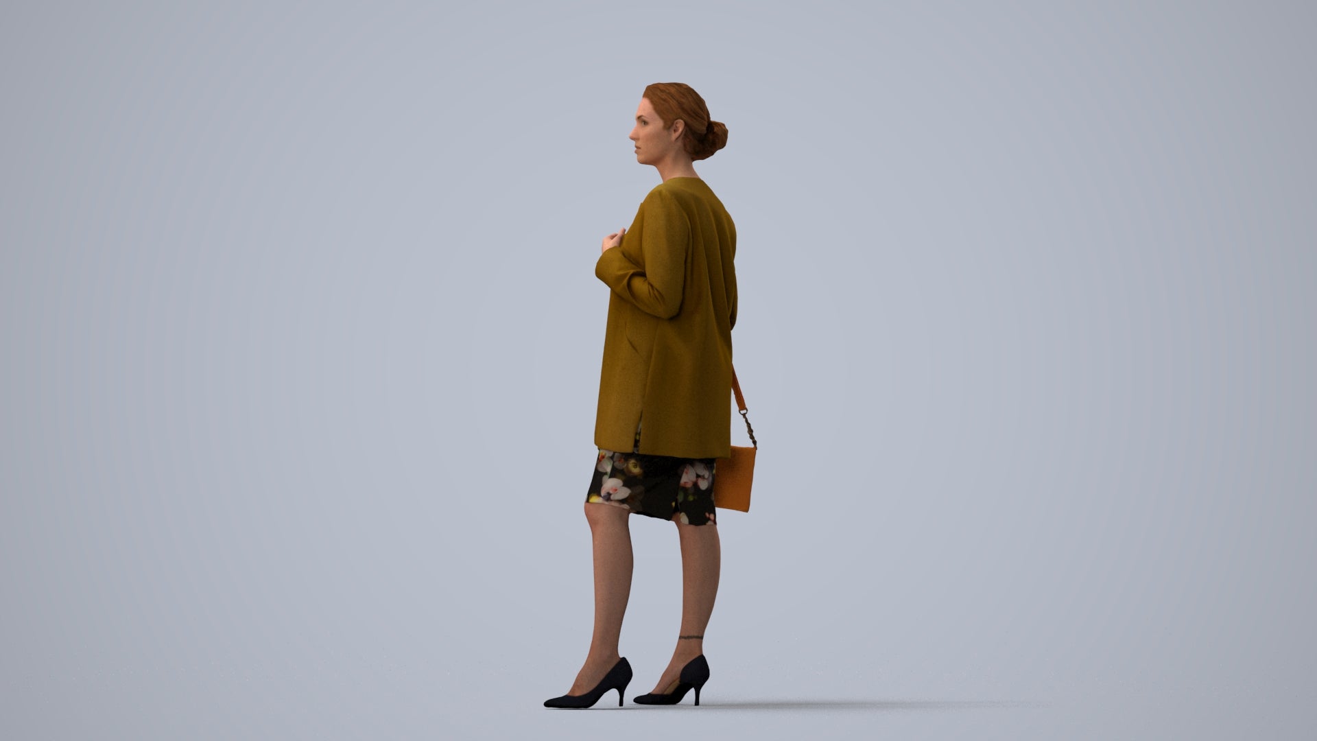 3D scanned woman standing casual, photorealistic archviz people for Enscape and SketchUp, three-quarter view render