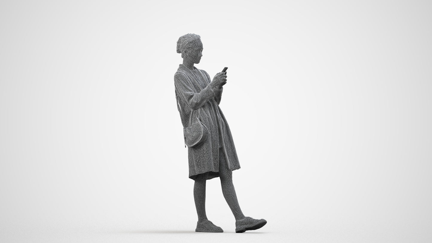 realistic 3D people woman casual standing, render-ready for V-Ray and Corona, FBX OBJ, wireframe side view