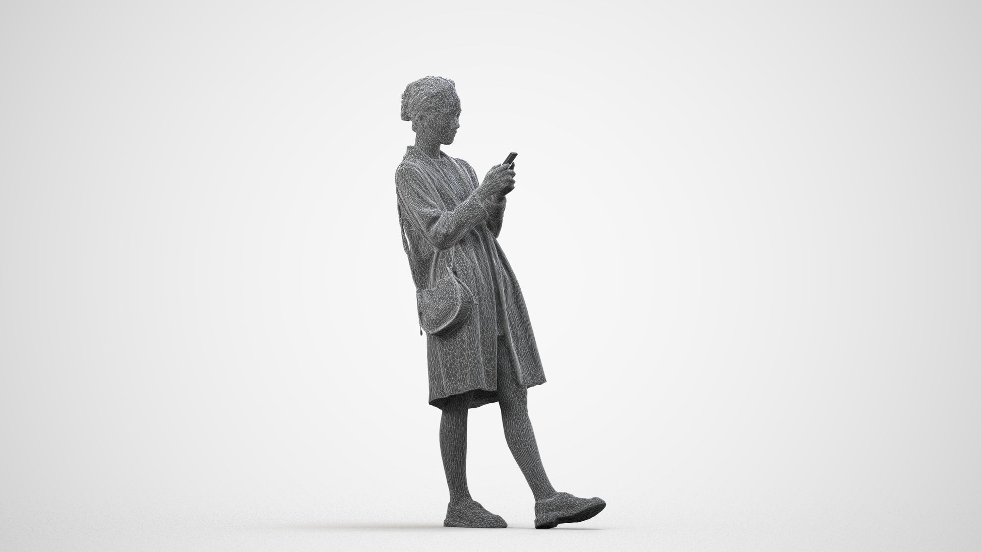 realistic 3D people woman casual standing, render-ready for V-Ray and Corona, FBX OBJ, wireframe side view