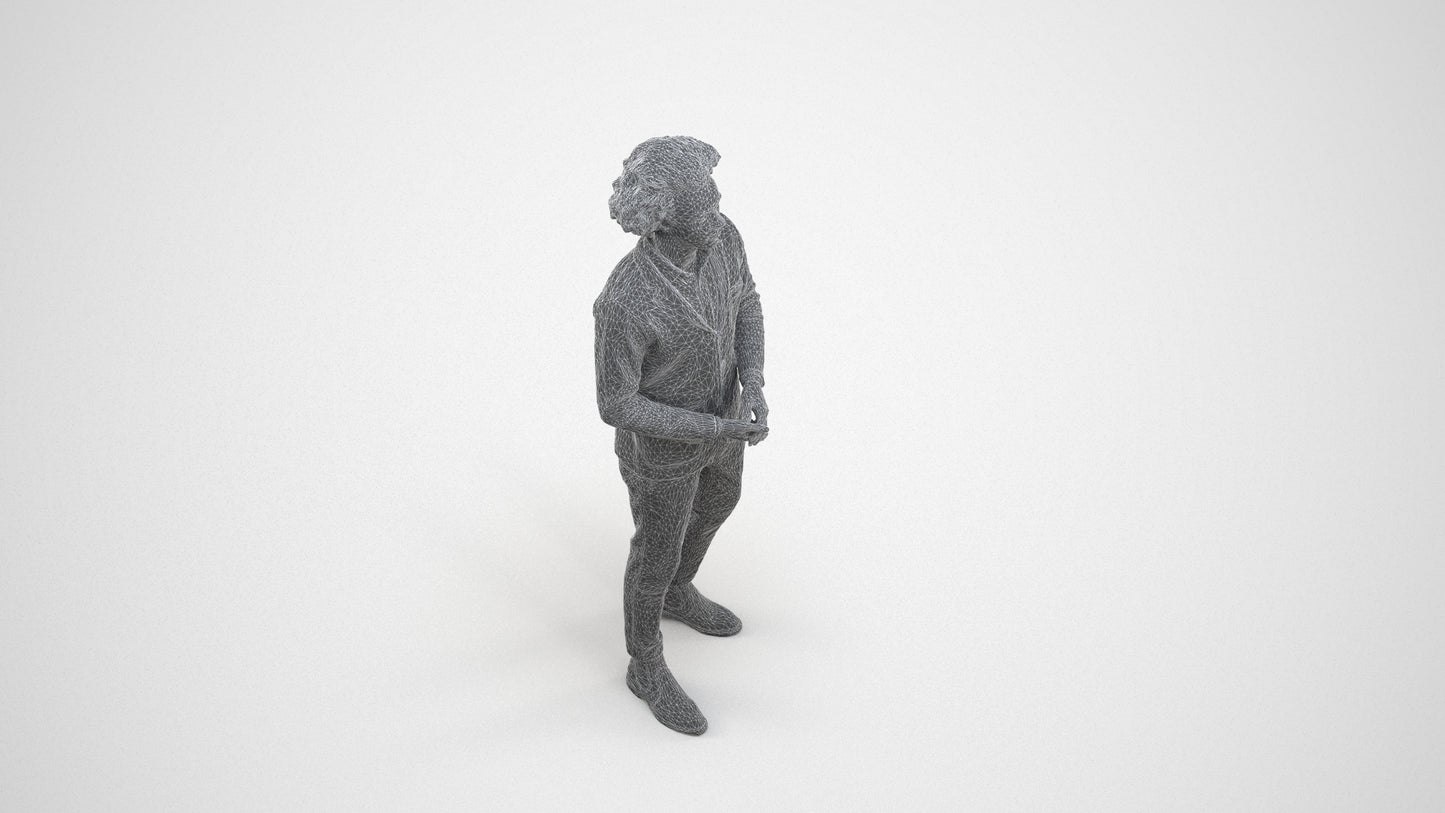 photogrammetry 3D man casual standing, realistic human model archviz FBX, wireframe three-quarter view