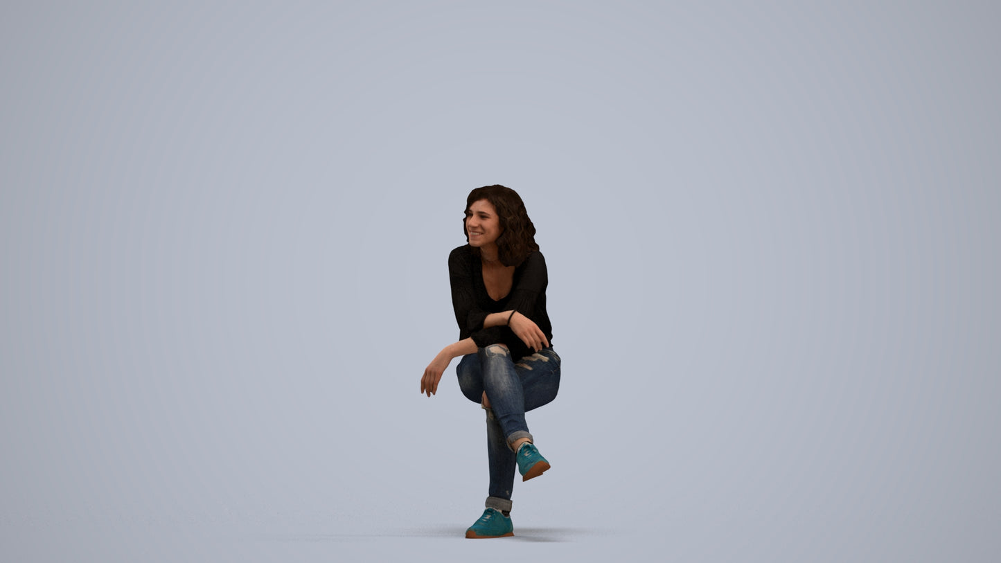 photogrammetry 3D woman casual sitting, realistic human model archviz FBX, standing pose render