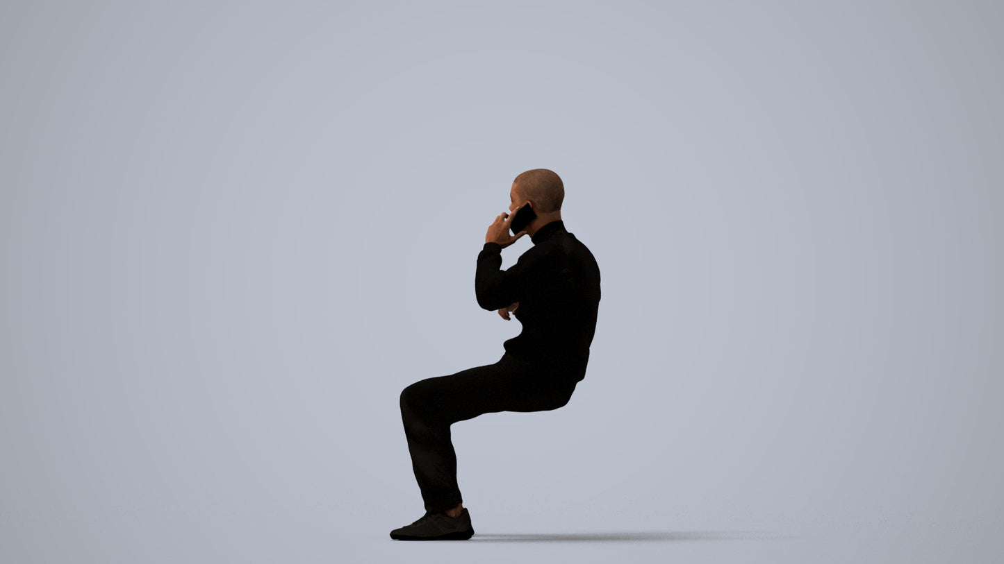 3D human model man sitting, photogrammetry scanned person for archviz, three-quarter view render