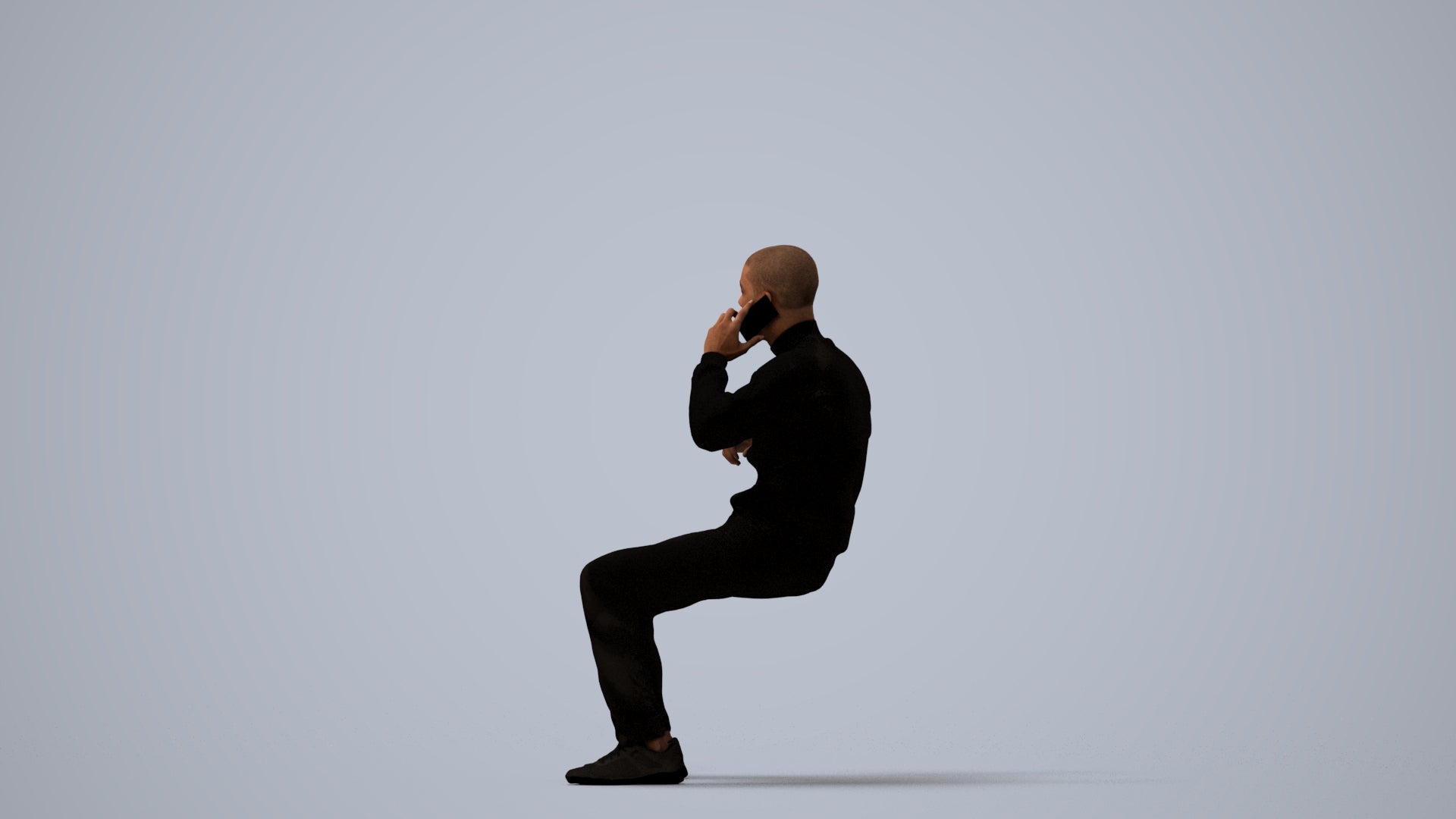 3D human model man sitting, photogrammetry scanned person for archviz, three-quarter view render