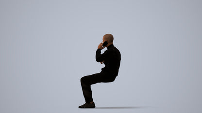 3D human model man sitting, photogrammetry scanned person for archviz, three-quarter view render