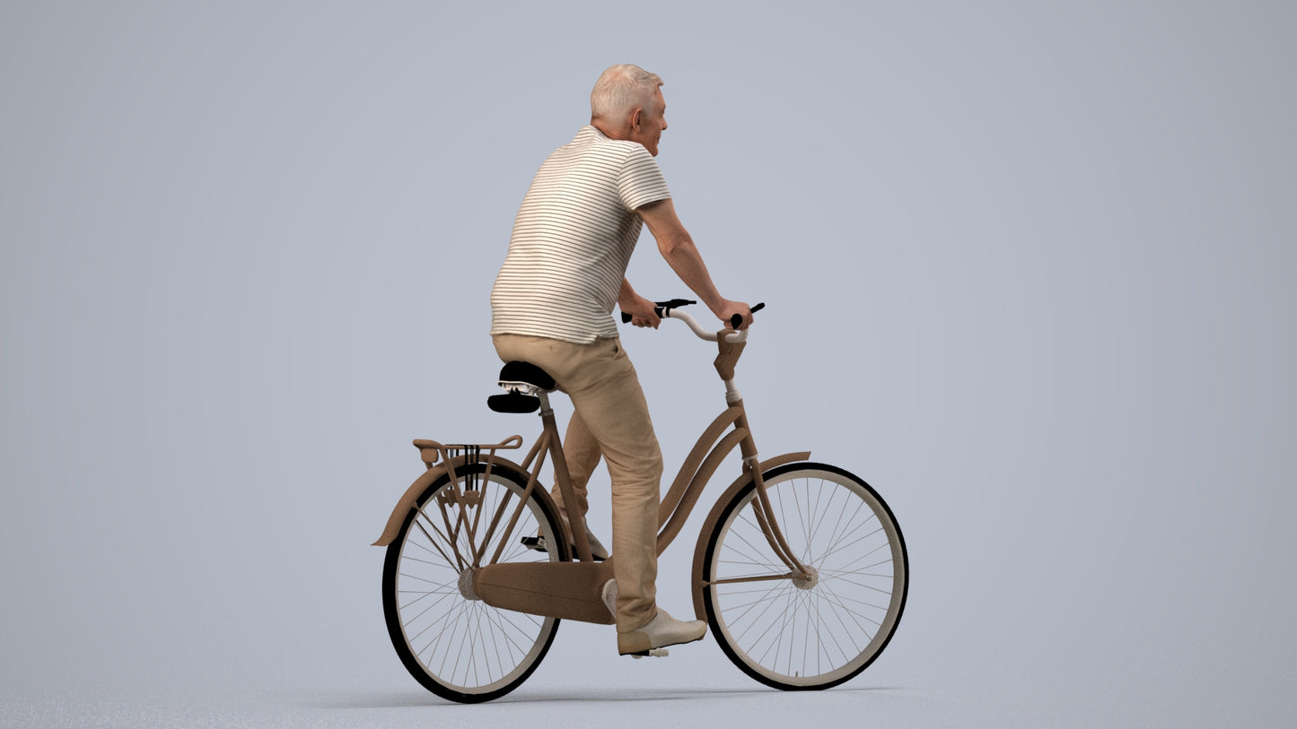 realistic 3D senior man casual cycling, scanned archviz people for Blender and 3ds Max, side view render