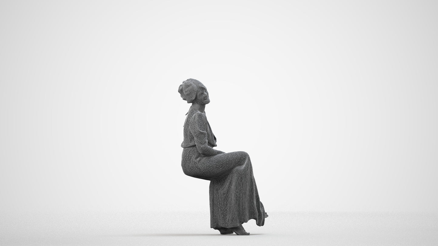 3D scanned woman sitting casual, photorealistic archviz people for Enscape and SketchUp, wireframe side view