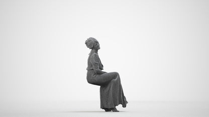 3D scanned woman sitting casual, photorealistic archviz people for Enscape and SketchUp, wireframe side view