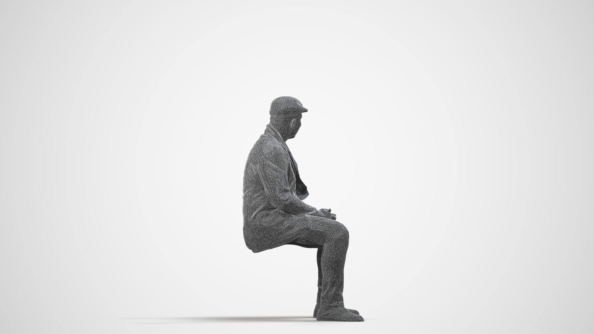 3D people model man casual sitting, scanned human for 3ds Max rendering, wireframe side view