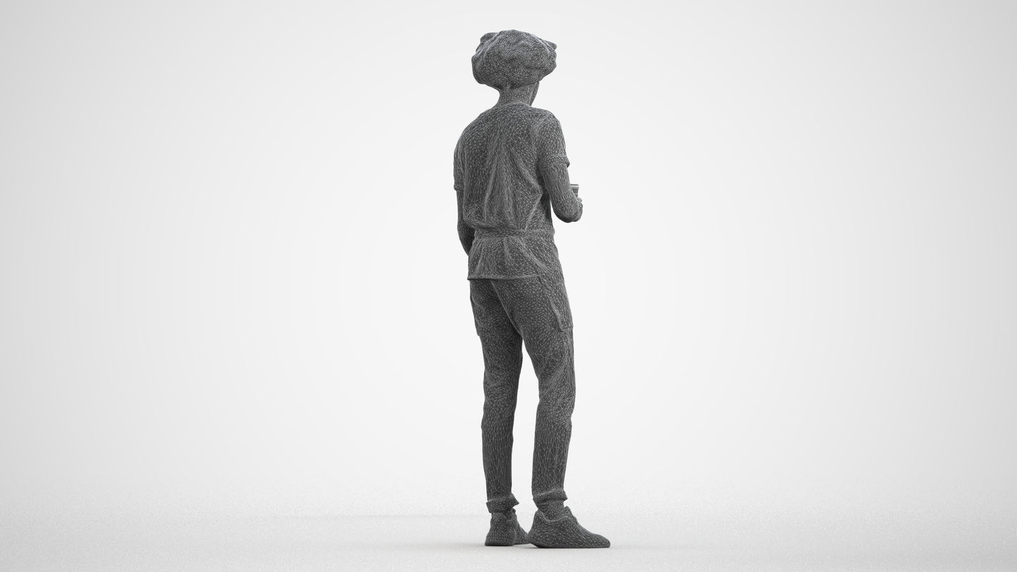 3D scanned man standing, photorealistic archviz people for Enscape and SketchUp, wireframe front view