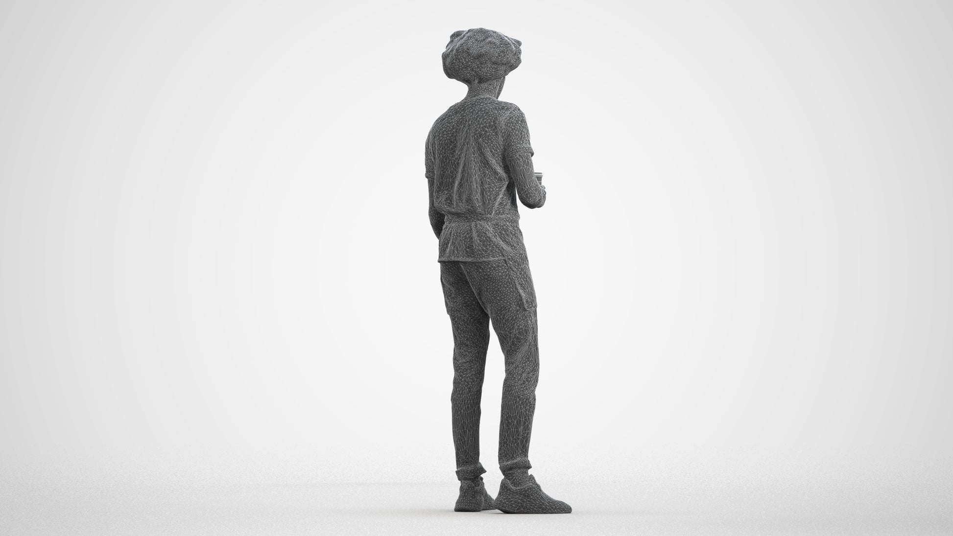 3D scanned man standing, photorealistic archviz people for Enscape and SketchUp, wireframe front view