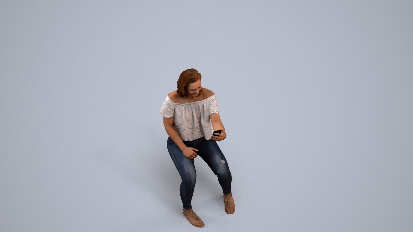 realistic 3D human woman casual sitting, archviz people FBX OBJ for Blender, back view render
