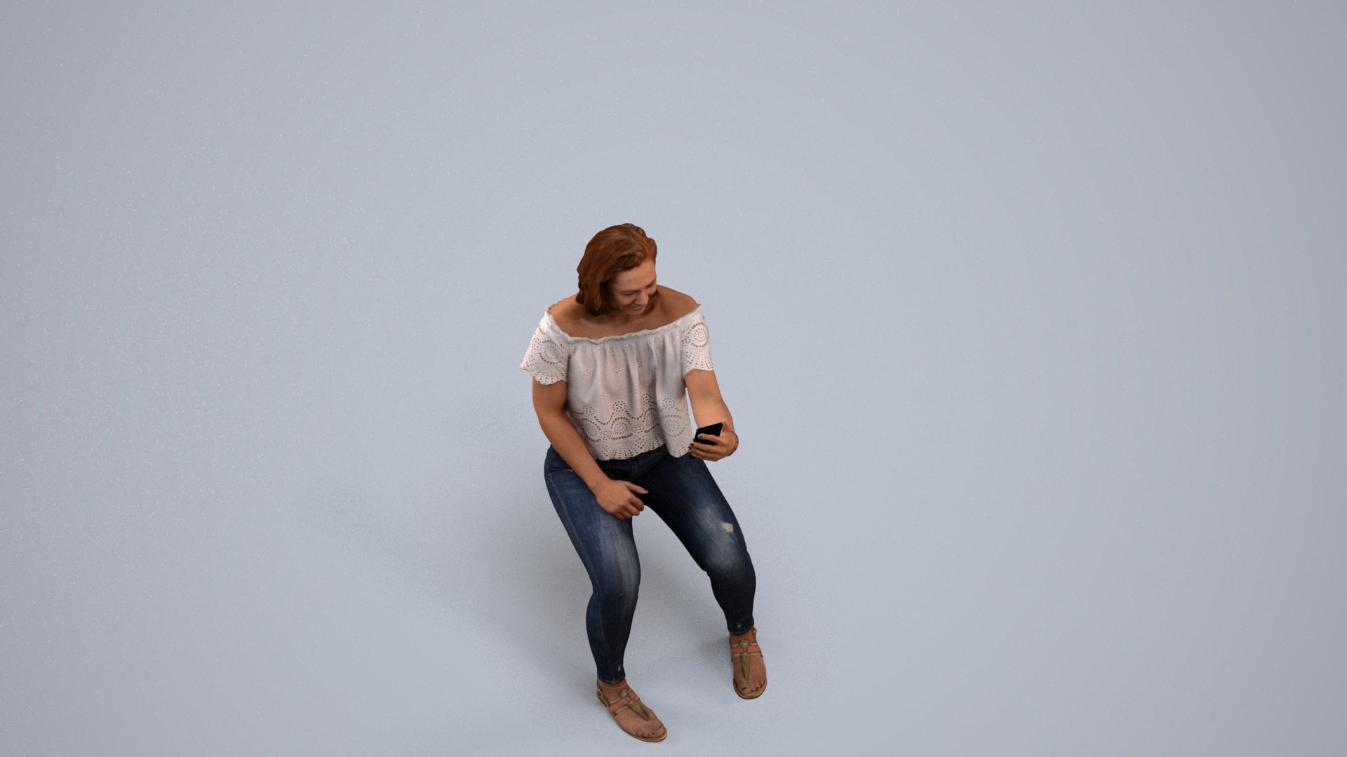 realistic 3D human woman casual sitting, archviz people FBX OBJ for Blender, back view render